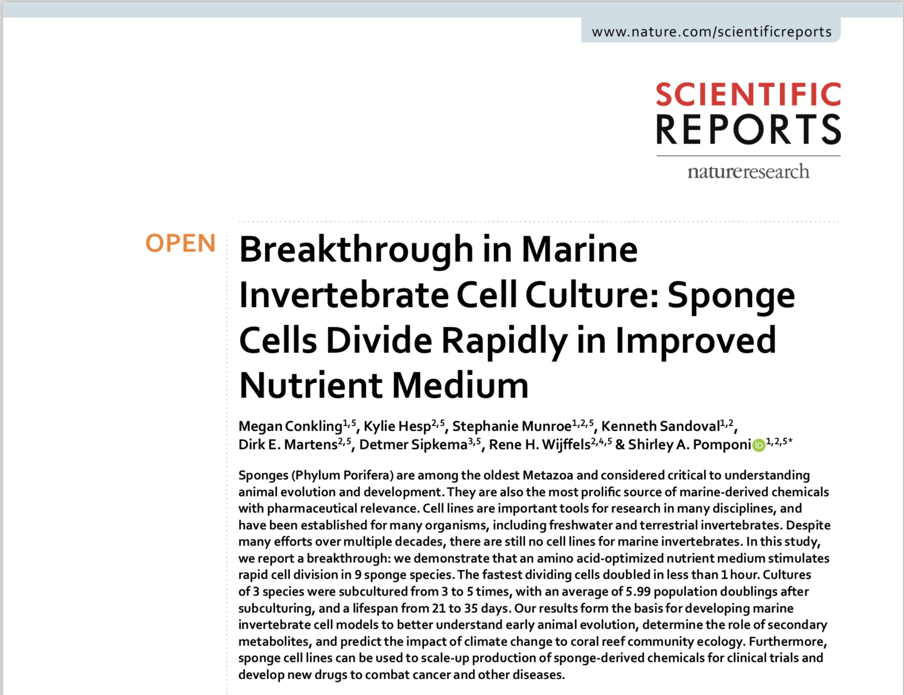 Abstract of the paper Breakthrough in marine invertebrate cell culture: Sponge cells divide rapidly in improvednutrient medium